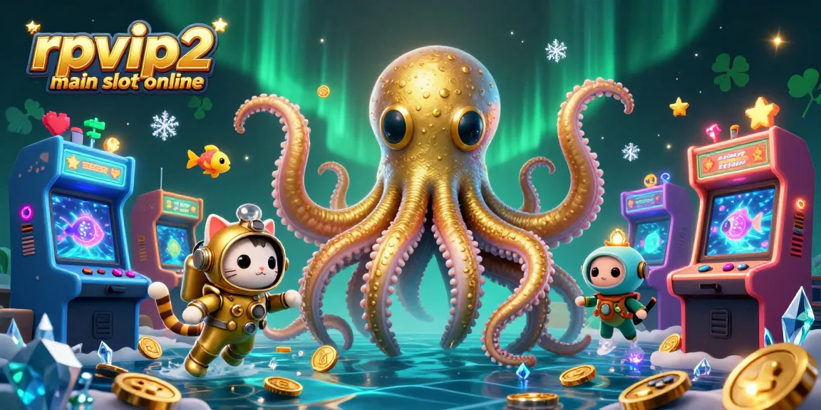 Experience the thrill of rpvip2 main slot online with a dynamic 3D scene featuring a kraken and retro gaming elements.