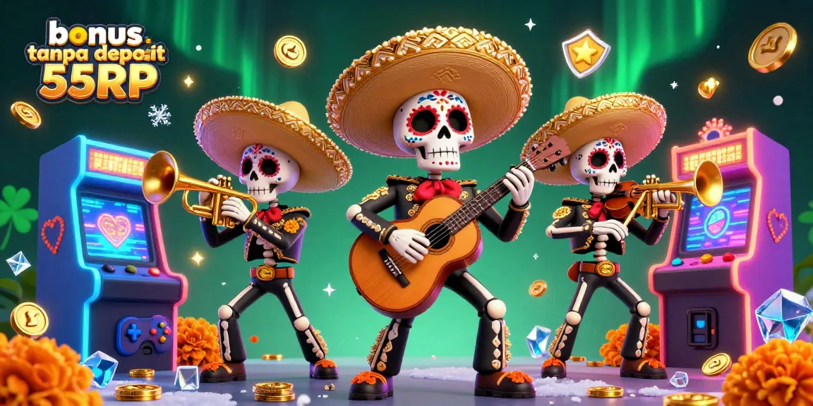 Experience the thrill of bonus tanpa deposit 55RP with an engaging 3D casino scene featuring vibrant mariachi skeletons.