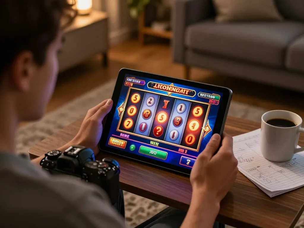 LIGALGO player enjoying online slots on tablet, showcasing a vibrant gaming atmosphere.