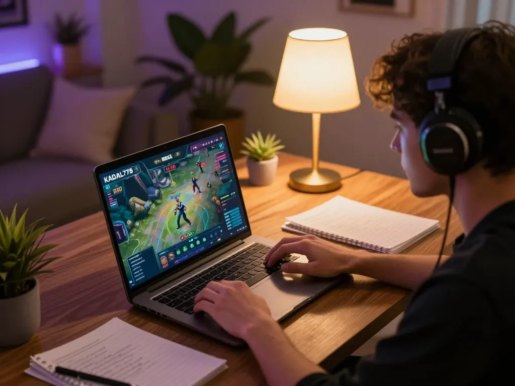 KADAL778 player immersed in strategic online gameplay with notes and modern decor.