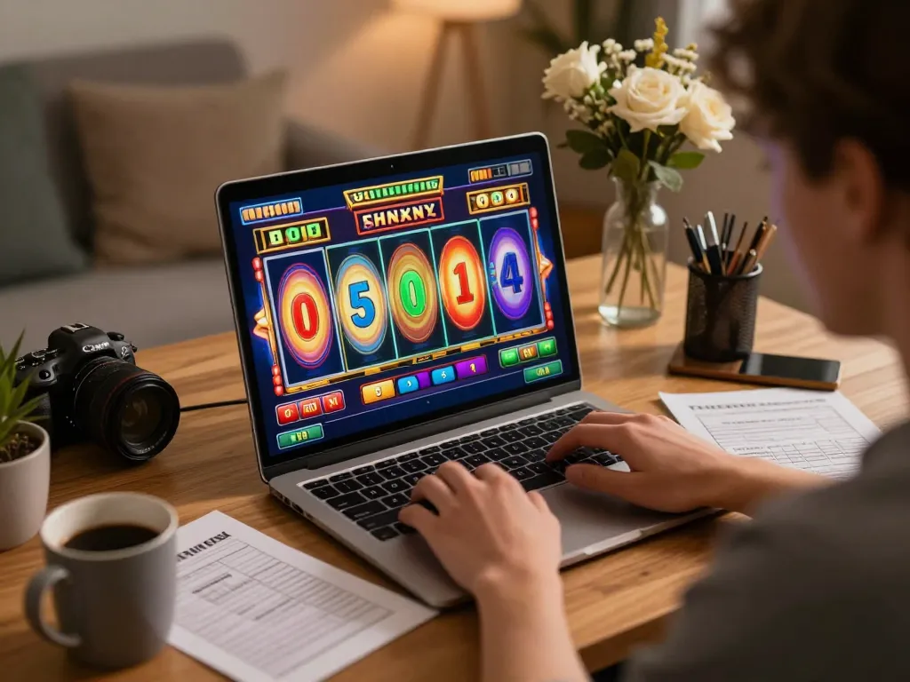Pemain menjelajahi slot online pandawin di laptop dalam suasana rumah yang nyaman selama permainan