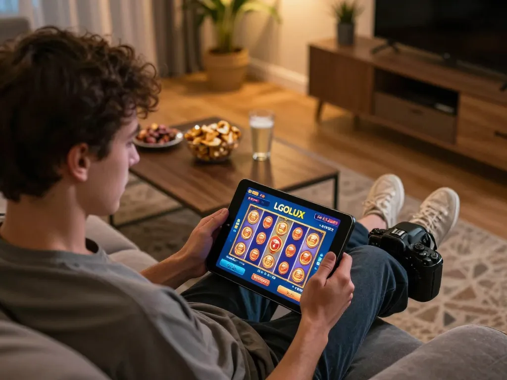 Player enjoying the LGOLUX slot game on a tablet in a cozy home environment