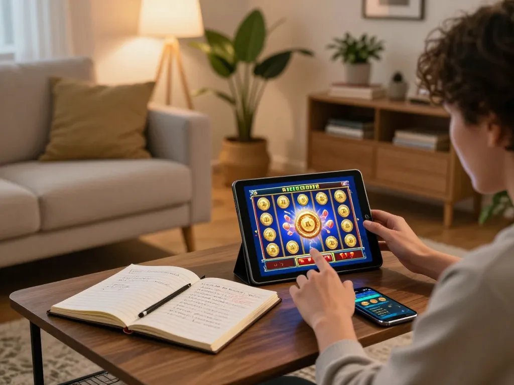 Engaging player exploring bayi toto slot strategies on tablet at home, showcasing interactive gaming environment.