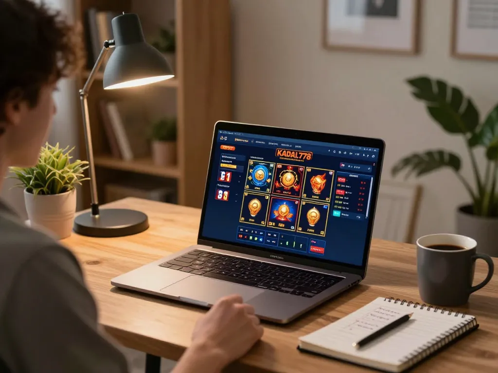 KADAL778 user engaging in online casino gameplay with laptop, showcasing gaming strategy notes and a cozy atmosphere.