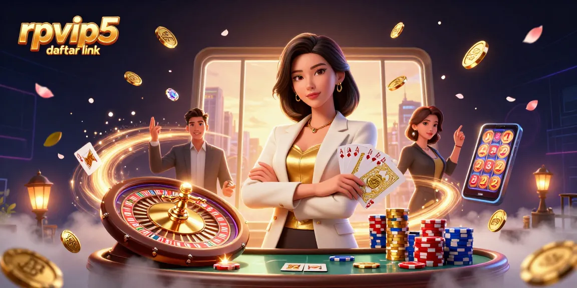 Experience rpvip5 daftar link with an elegant Asian businesswoman in a vibrant casino scene.
