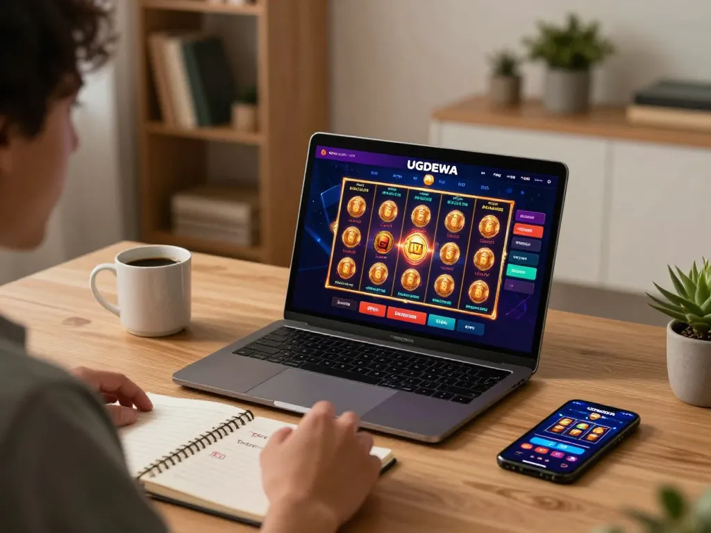Player exploring UGDEWA slots on laptop with vibrant graphics in a cozy home setup.