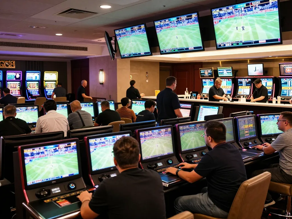 Excited bettors analyzing odds and placing bets in the GO8 upscale sports betting area with live event screens.