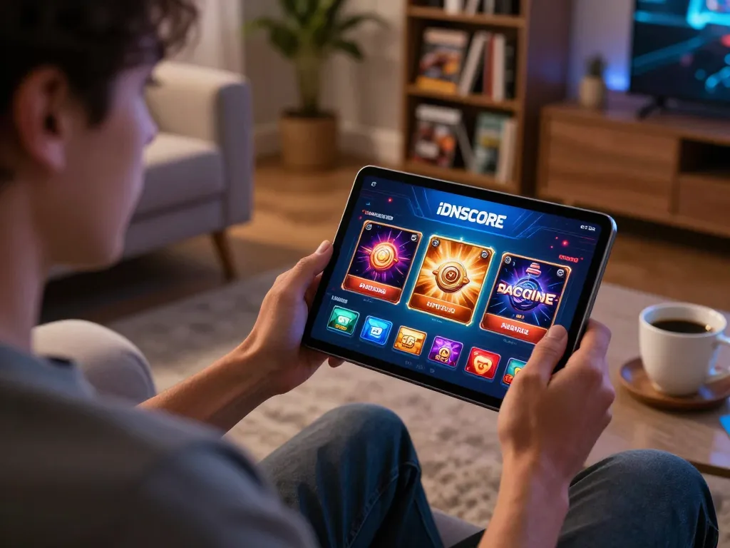 IDNSCORE player enjoying an interactive online casino game on a tablet in a cozy home setup.