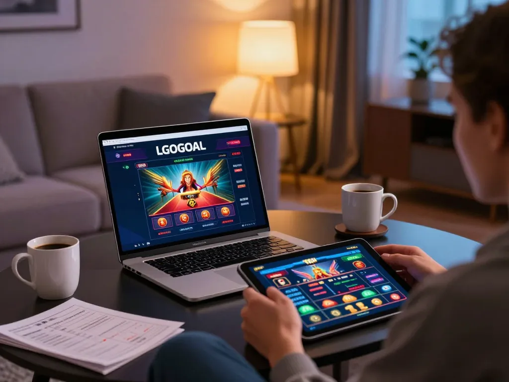 Engage with LGOGOAL as a player explores strategic options on a laptop in a cozy home setting.