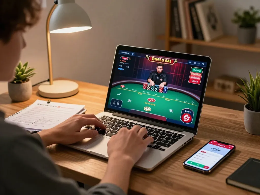 Person engaged in online gambling with LGOGOAL app on laptop surrounded by strategy notes.