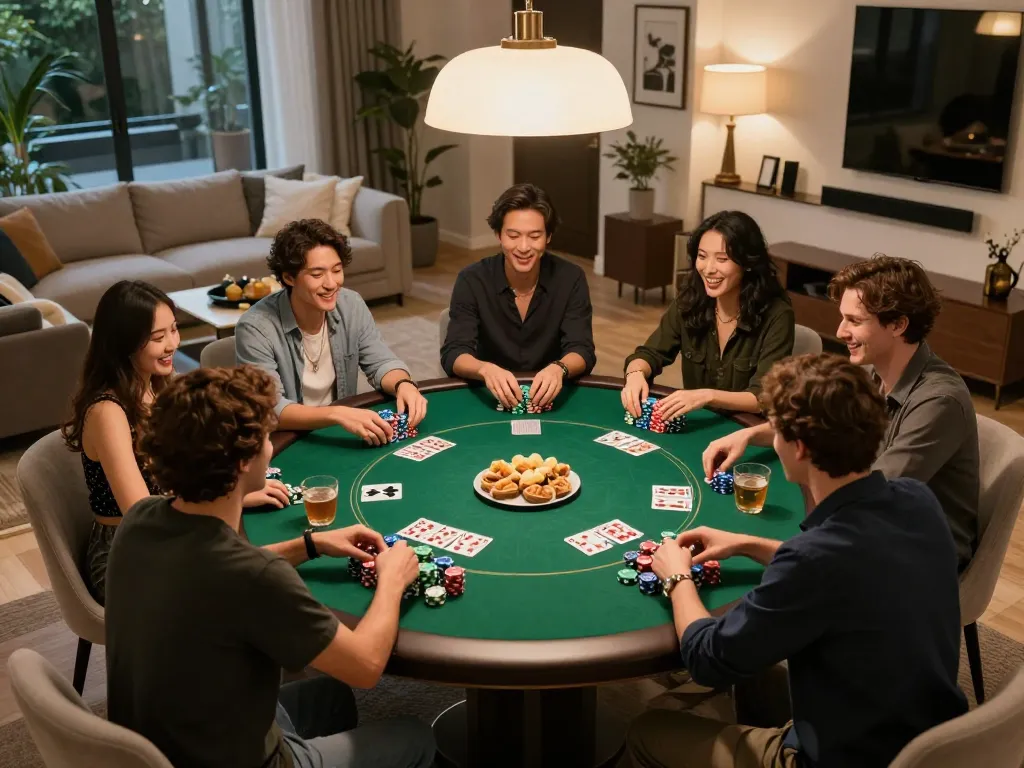IDNSCORE players engaging in a friendly poker game with chips and cards visible around a cozy table.