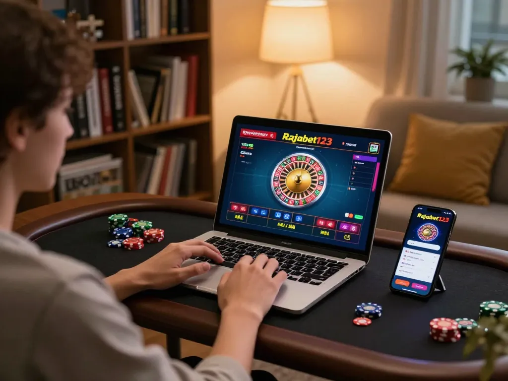 Playing live dealer games on Rajabet123 while seated at a stylish home desk.