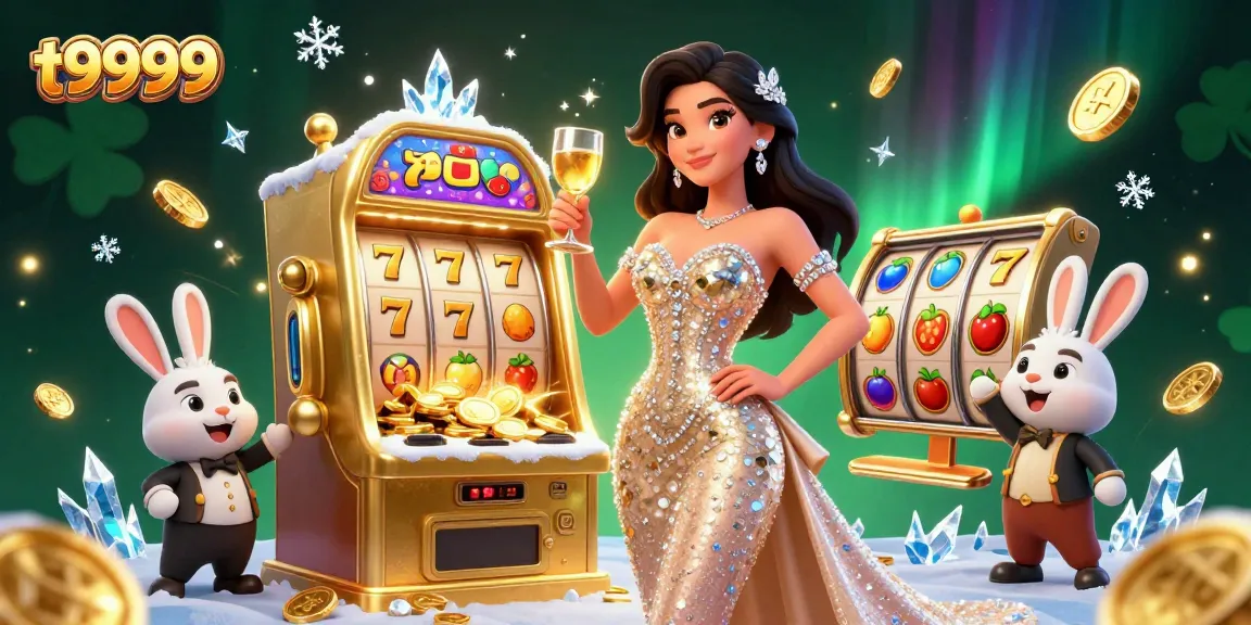 T9999 offers exciting casino experiences with stunning visuals of a woman toasting by a jackpot slot machine.