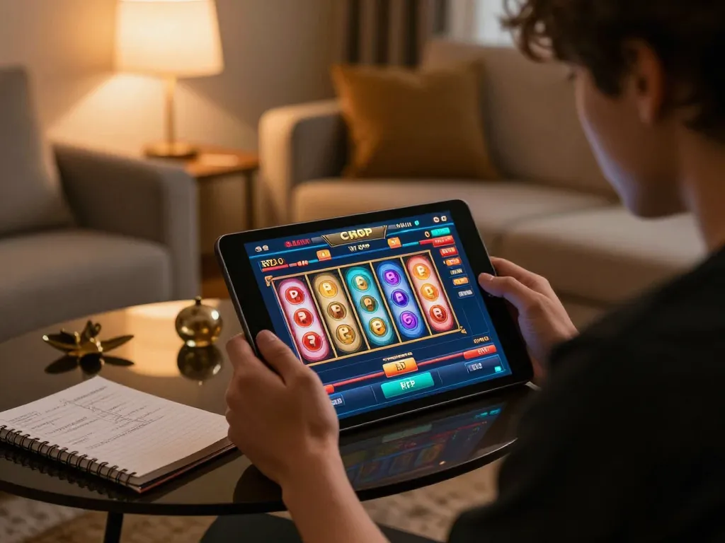 Engaged player analyzing RTP live online slots game on tablet, jangkar55 platform visible.