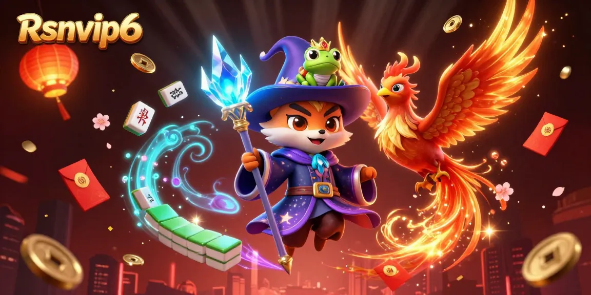 Rasakan permainan yang mendebarkan dengan Rsnvip6 dalam ilustrasi kasino yang cerah ini, menampilkan seorang penyihir, phoenix, dan elemen permainan yang kaya.