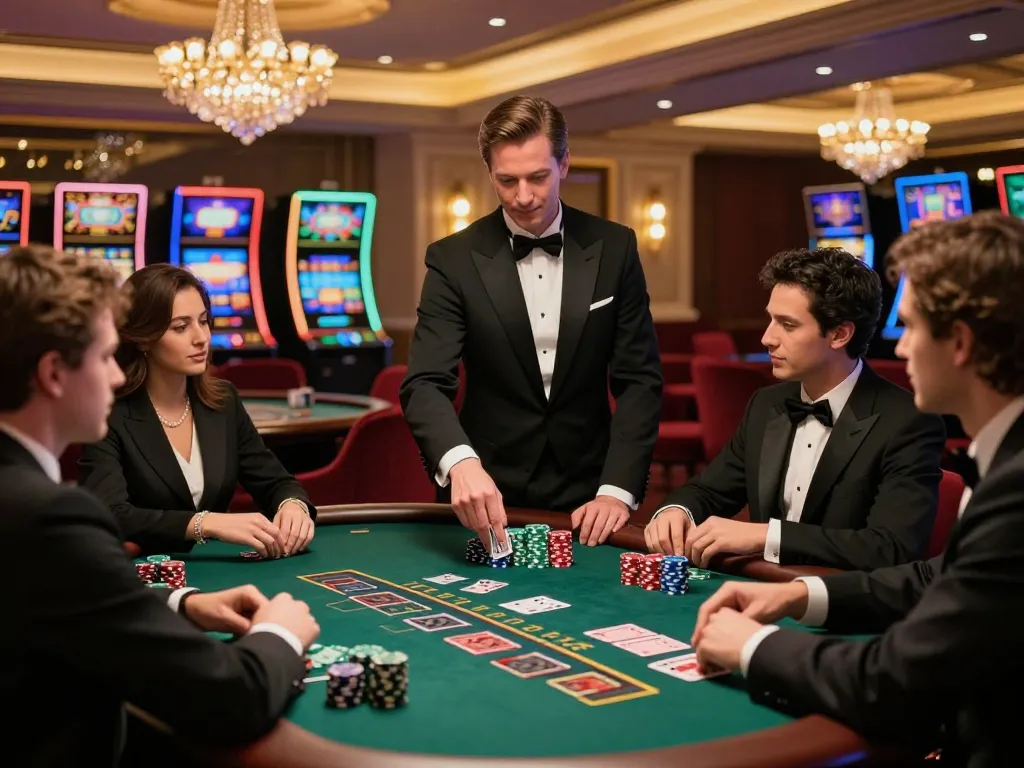 Players strategizing at an elegant LGOSUPER blackjack table in a luxurious casino setting.