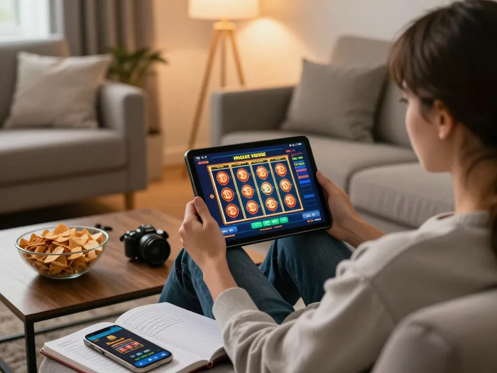 Terlibat dalam permainan slot online di rumah menggunakan tablet, menampilkan permainan yang menarik dan camilan.