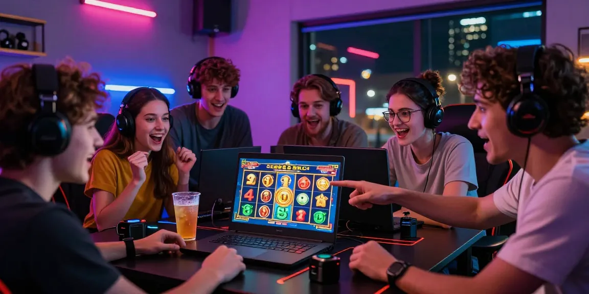 Group of friends excitedly playing harga toto online slots, showcasing vibrant graphics and winning bonuses in an engaging atmosphere.