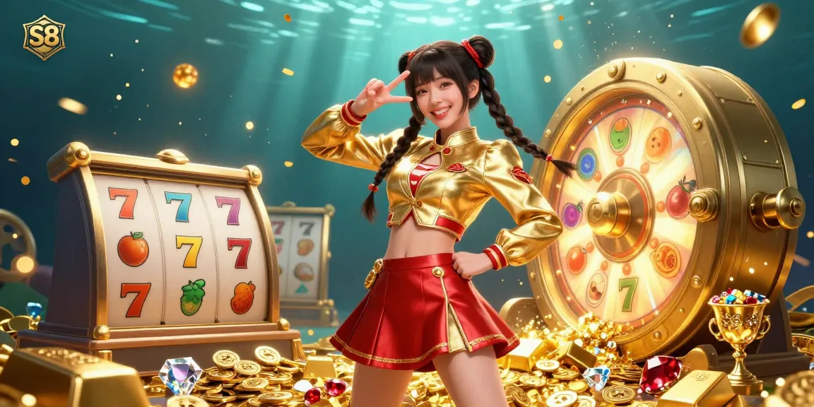 S8 players engaging in thrilling slot games amidst dazzling jackpots and golden treasures.