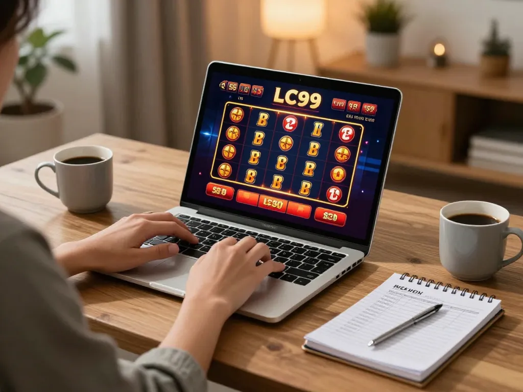 Playing slots on the LC99 platform from a cozy home office setup, showcasing responsible gaming.