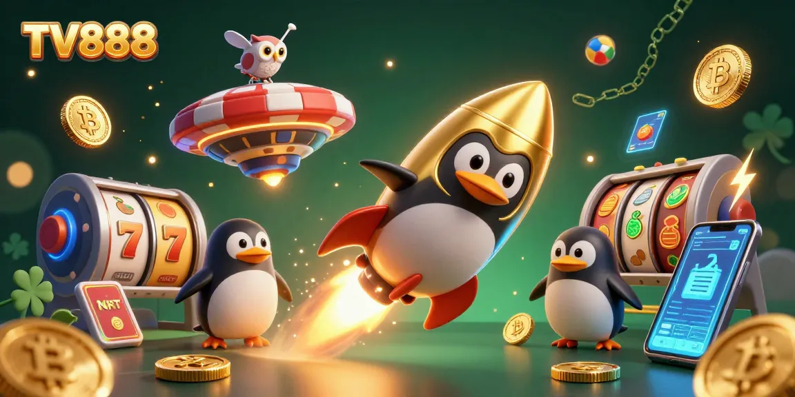Engage with TV888's thrilling casino slot experience featuring dynamic golden penguin and jackpot elements.