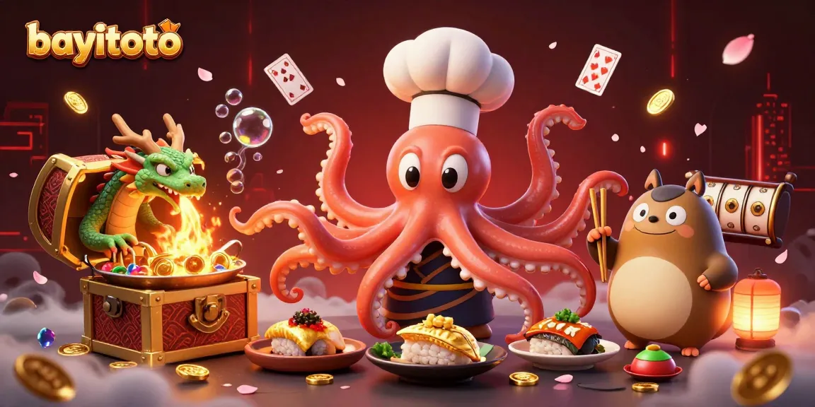 BAYITOTO showcases exciting gaming with a vibrant octopus chef and dragon amidst treasures, enhancing players' experiences.