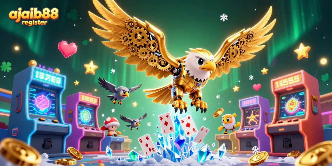A stunning illustration showcasing the ajaib88 register, featuring a cybernetic eagle diving through holographic cards surrounded by vibrant arcade elements.