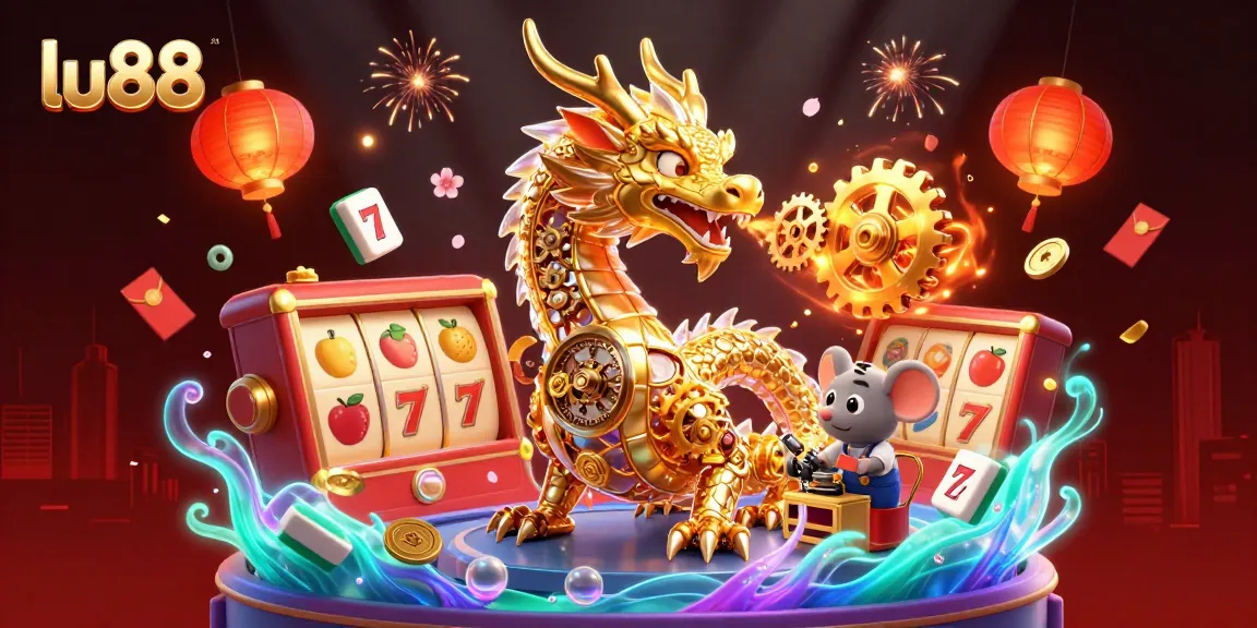 Engage with thrilling lu88 slot action featuring a dragon amidst golden treasures and dynamic game elements.