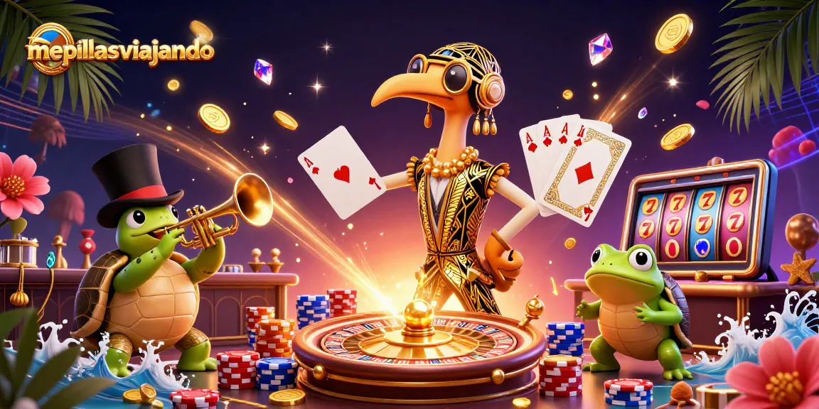 Experience mepillasviajando's vibrant casino scene featuring animated characters amidst a flurry of gaming symbols and glimmering coins.