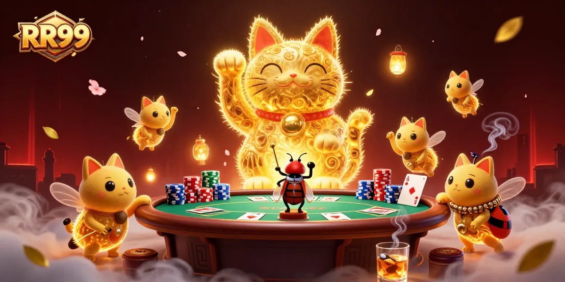 Experience RR99's vibrant atmosphere with a lucky cat and dynamic poker elements in stunning detail.