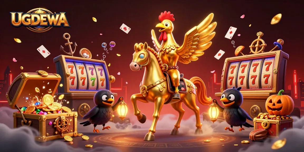 Engage with UGDEWA as a golden rooster character rides through a vibrant casino scene.