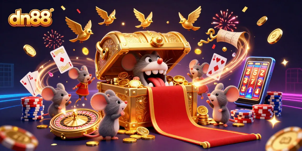 Engage with thrilling casino adventures at dn88, featuring a vibrant 3D illustration of treasures and games.