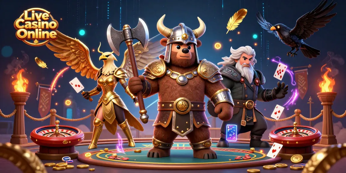Engage in thrilling Live Casino Online action with vibrant 3D characters amidst roulette wheels and cards.