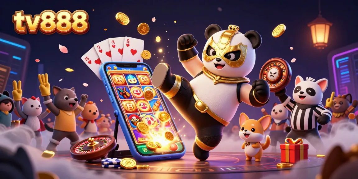 Experience thrilling gameplay with tv888 as a panda wrestler performs an epic flying kick amidst a vibrant casino scene.