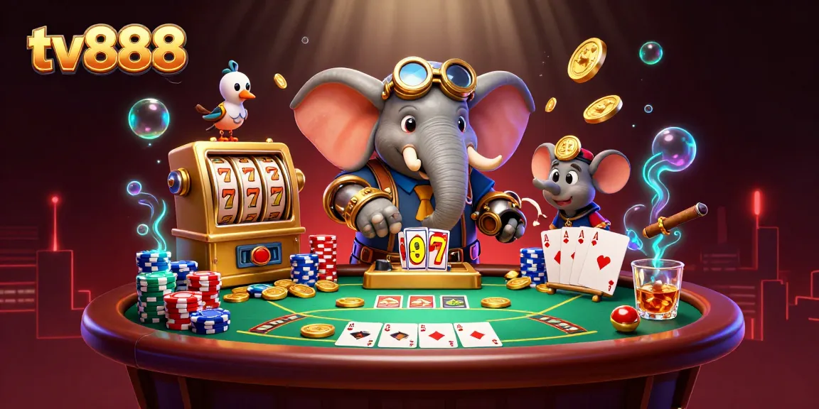 Menghadirkan tv888, ilustrasi 3D kartun steampunk dengan elefant insinyur, mesin slot emas, dan elemen permainan lainnya.