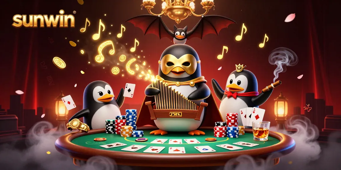 Sunwin offers exciting gameplay with a 3D penguin character playing an organ, surrounded by poker elements.