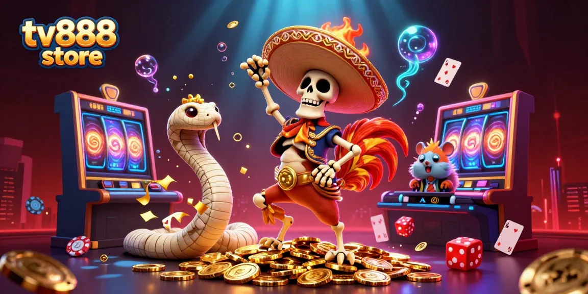 Experience thrilling games at tv888 store with a vibrant dance of lucky characters in a casino scene.