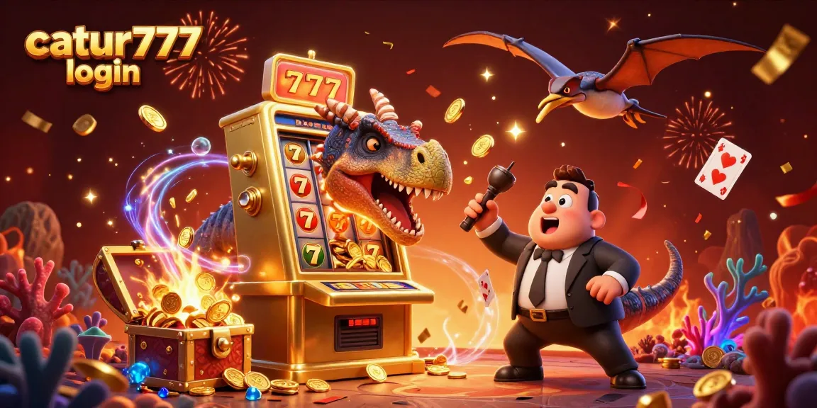 Experience exciting wins with catur777 login as a dino celebrates jackpot payouts with coins and treasures.