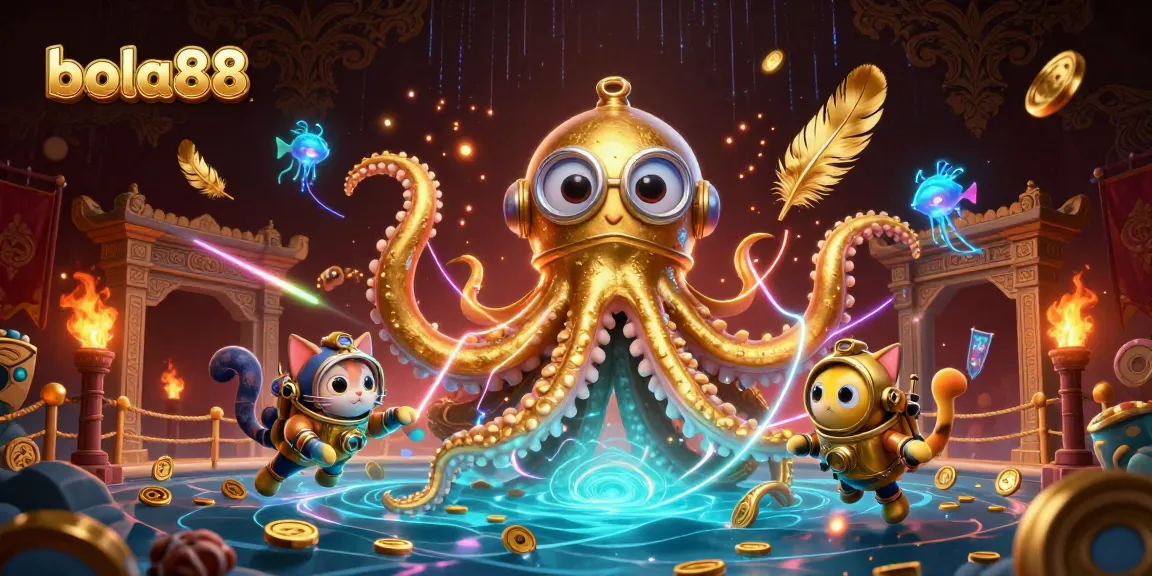 Bola88 engaging players in a thrilling underwater adventure with a kraken and diving cat.