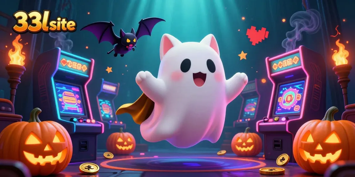 Experience the fun at 33l site with a friendly ghost cat in a haunted casino scene surrounded by jack-o-lanterns and arcade games.