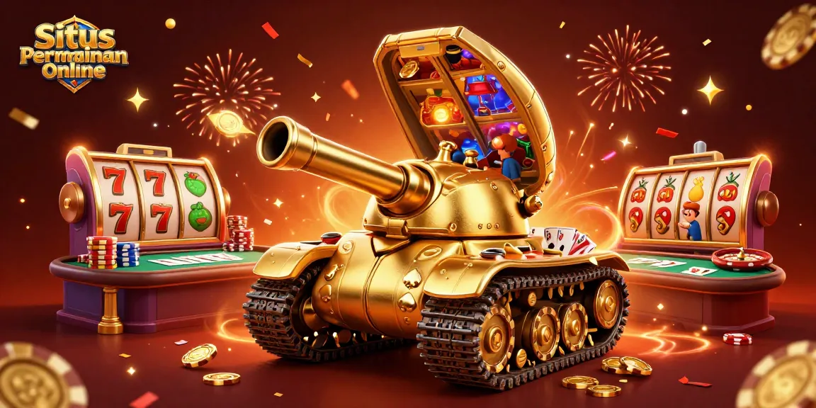 Situs Permainan Online showcases a vibrant, dynamic casino scene with a golden beetle tank and slot machines.