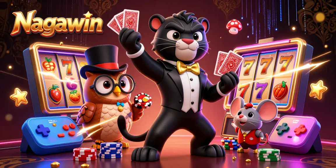 Nagawin offers exciting slot gameplay featuring a stylish tuxedo panther, an owl holding poker chips, and a lucky mouse.