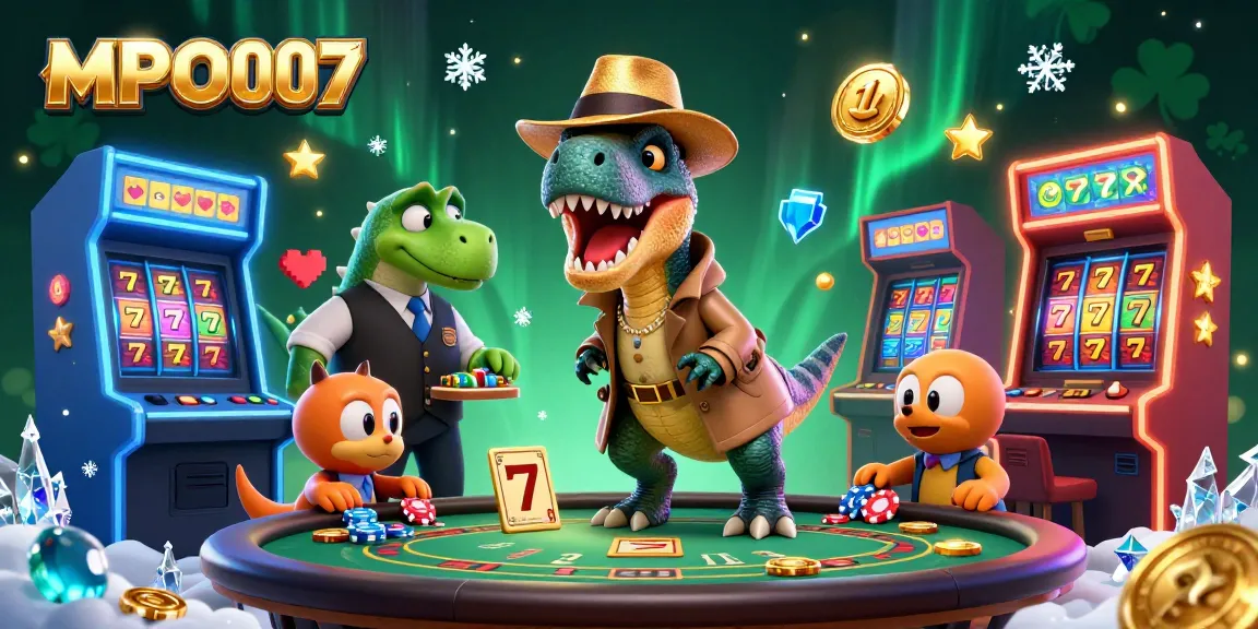 MPO007 features a velociraptor card counter at a blackjack table, surrounded by vibrant game elements.