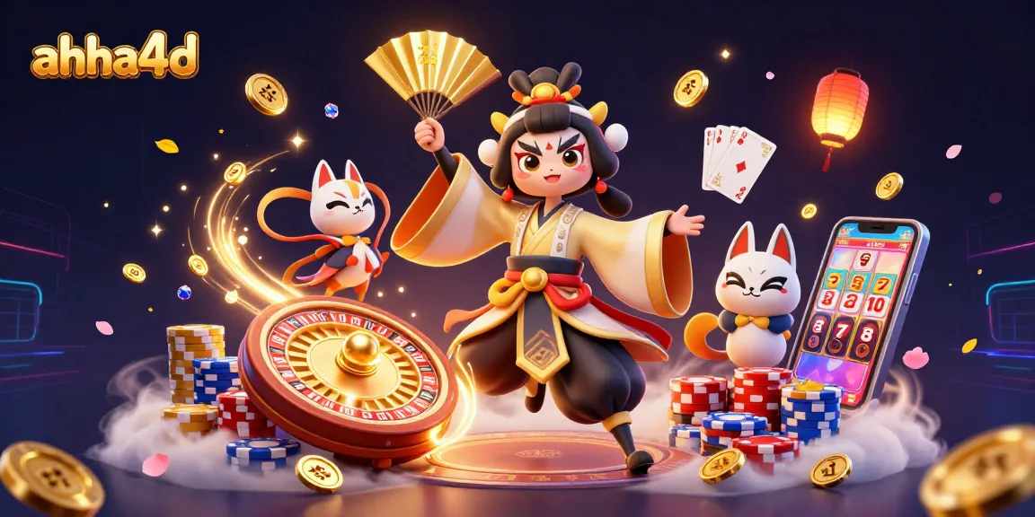 A vibrant scene of ahha4d gaming featuring kabuki warrior characters, casino elements, and dynamic visuals