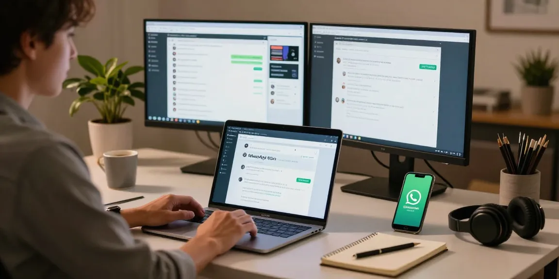 Professional using WhatsApp網頁版 on a modern home office desk with dual monitors and a laptop.