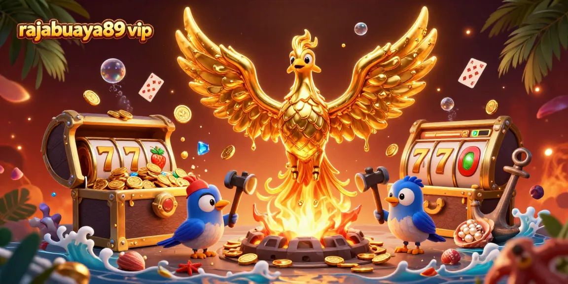 Experience thrilling excitement with rajabuaya89 vip as the molten phoenix sparks golden winnings amidst vibrant casino elements.