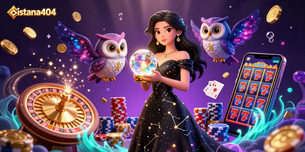Play on istana404 with vibrant 3D casino elements, including sparkling coins and a roulette wheel.