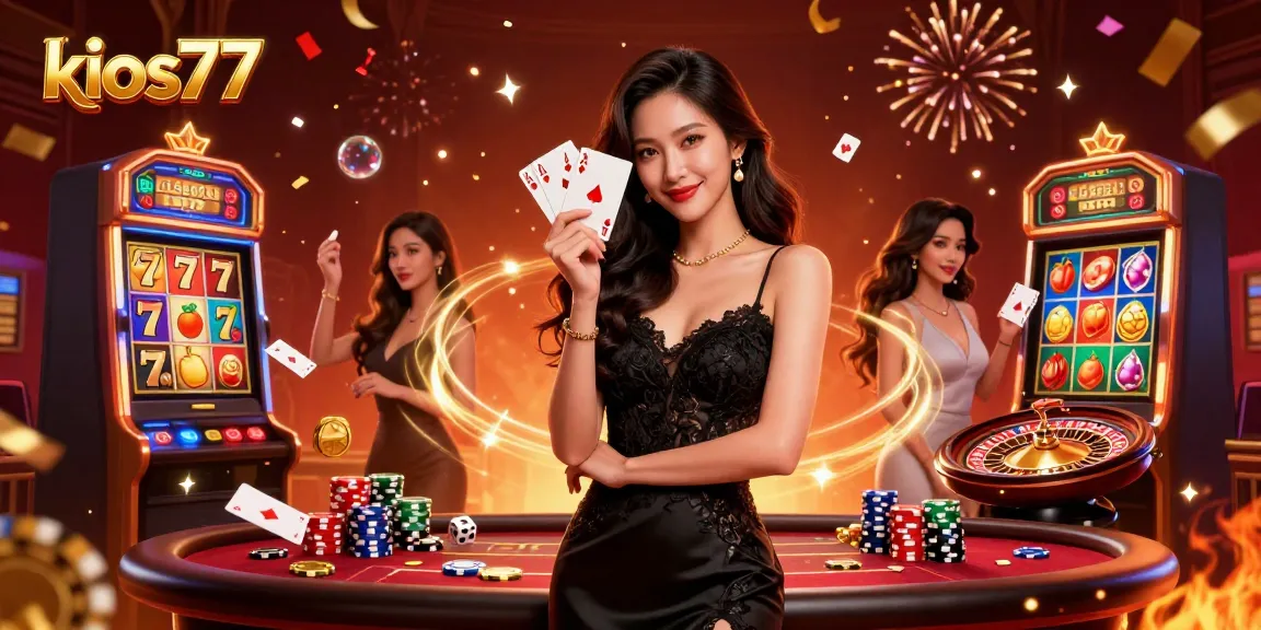 Engage with kios77 as a glamorous Asian woman reveals winning cards in a vibrant casino scene.