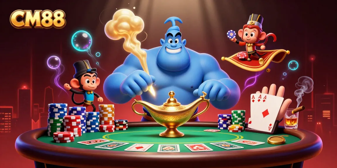 Experience the thrill of CM88 with a vibrant casino scene showcasing poker chips and a magical genie.