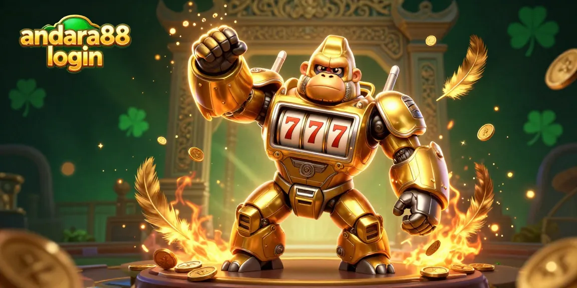 Engage with the explosive world of andara88 login, featuring a mech slot machine surrounded by dynamic casino elements.